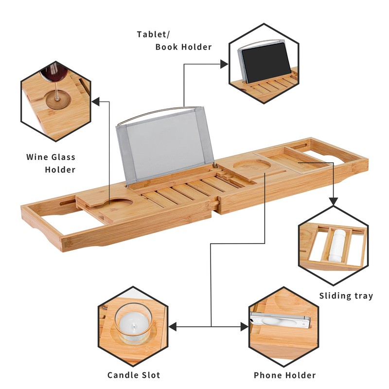 Utoplike Bamboo Bathtub Caddy Tray Bath Tray for Tub, Adjustable