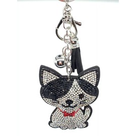 Unbranded Bling Cat Kitty Black Diamond  Keychain Glitter Silver Tassel Charm Accessory