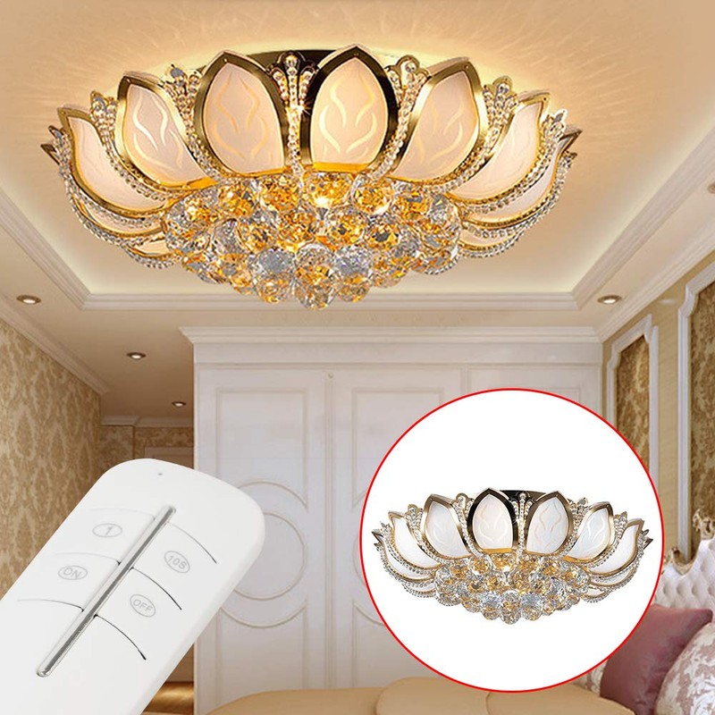 Dimmable Crystal Chandeliers Lotus-Shaped Flush Mount Ceiling Light with Remote