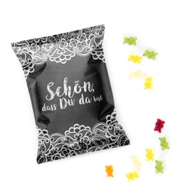 Small packets of gummy bears black / white SCHÖN DASS DU DA BIST ( NICE THAT YOU'RE HERE ) give-away guest gift party bag wedding party birthday gift guests customers goodies