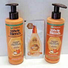 GARNIER WHOLE BLENDS REPLENISHING SHAMPOO & CONDITIONER 12 OZ + FREE SACHET 3PCS
