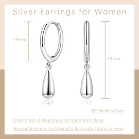 Cangall Silver Drop Hoop Earrings for Women, Sterling Silver Hoop Earrings with Teardrop Dangling, Hypoallergenic Lightweight Unisex Teardrop Charm Dangling Cuff Sleeper Cartilage Hoop Earrings