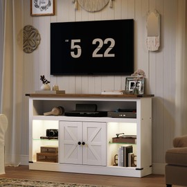 YATINEY Farmhouse TV Stand for 55 Inch, Entertainment Center with Sensor LED Light, Media TV Console Table with Storage Cabinet and Glass Shelves, for Living Room, Bedroom, White and Walnut DS05WN