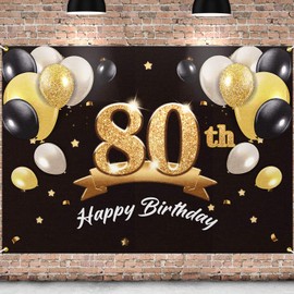 PAKBOOM Happy 80th Birthday Banner Backdrop - 80 Birthday Party Decorations Supplies for Men - Black Gold 4 x 6ft