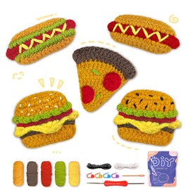 YAMAXIN Crochet Kit for Beginners, Beginner Crochet Kits with Step-by-Step Video Tutorials, Crochet Starter Kit for Adults with Yarn Sets (5pc Pizza, Burgers)
