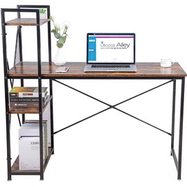 Utopia Alley Computer Desk with Shelves - 47-inch Black Metal Desk with 4-Tier Storage Bookshelves,Corner Computer Desk - Rustic Brown