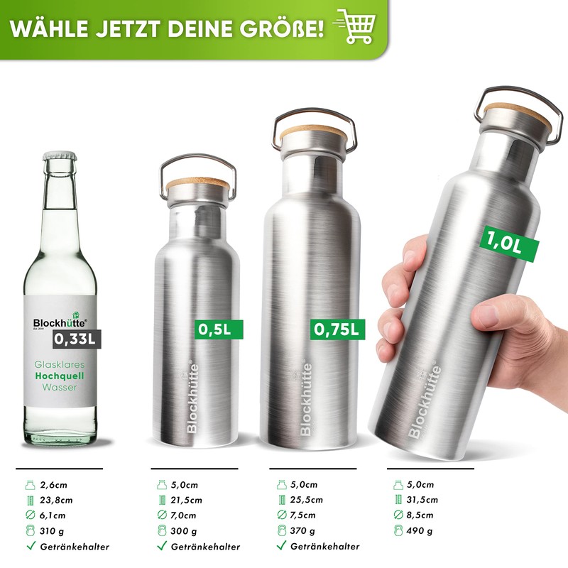 Blockhütte® Premium Stainless Steel Insulated Drinking Bottle, Leak-Proof, Includes Free