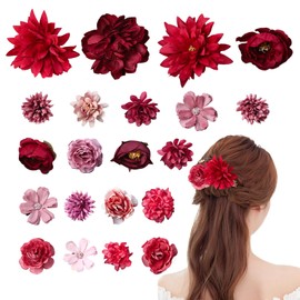 Flower Hair Clip, Pack of 21 Multicoloured Flower Hair Clips, Artificial Blossom Hair Clip, Flower Hair Accessories for Party, Beach, Wedding, Event Decoration (Red Series)