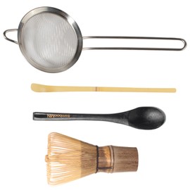 BambooMN Brand - Matcha Tea 4-Piece Whisk Set - Short Black Whisk, Hand Strainer, Teaspoon & Chashaku - Bamboo Tea Accessories - 1 Set