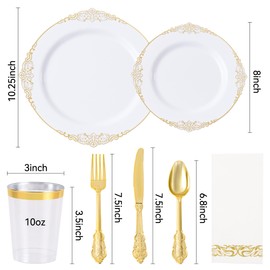 Fijinhom 350PCS Gold Plastic Plates, Gold Disposable Dinnerware set for 50 Guests, Include: 50 Dinner Plates, 50 Dessert Plates, 50 Plastic Silverware Set, 50 Napkins & 50 Cups for Wedding, Party