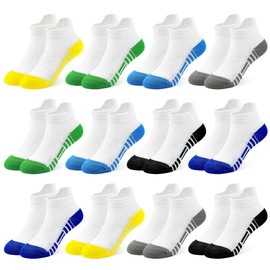 GENTABY Kids Trainer Socks Boys Sports Ankle School Athletic 12 Pairs Black White Design of Splicing Stripes Breathable Cotton for 10-14 Years Children