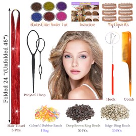 CelineBella Hair Tinsel Kit with Tools Red Tinsel Hair 5 PCs 48 Inch Glitter Tinsel Hair Extensions Heat Resistant Highlights Sparkling Fairy Hair for Kids Girls