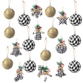 Sratte 20 Pcs Rustic Christmas Tree Ornaments Set 2.5" Hanging Burlap Plaid Ball 3.1"-6" Red/White Black Buffalo Check Ball for Farmhouse Christmas Ornaments Country Xmas Decorations (White,Black)