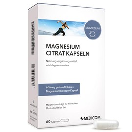Medicom – Magnesium Citrat Kapseln, 800 mg Magnesiumcitrat pro Kapsel, hohe Bioverfügbarkeit, Swiss made, vegan – 60 Kapseln