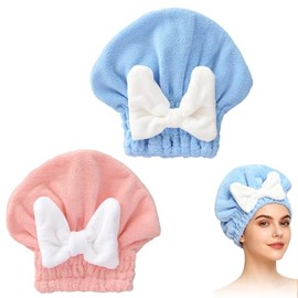 2Pcs Super Absorbent Hair Towel Wrap for Wet Hair, Microfiber Hair Towel Wrap Quick-Drying Thickened Hair Towels, Soft Bow Tie Wet Hair Towels Wrap for Women Girls (Pink+Blue)