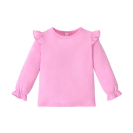 Magic Park 12M-7Y Baby Toddler Girl Long Sleeve Blouse Kids Solid Color Basic Tee Tops Little Girls Ruffle Cuffs T-Shirts (Long Pink Tee, 18-24 Months)