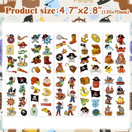 Konsait 10 Sheets Pirate Temporary Tattoos, Cartoon Skull & Treasure Chest Stickers, Waterproof Body Art for Halloween & Birthday Party Favors