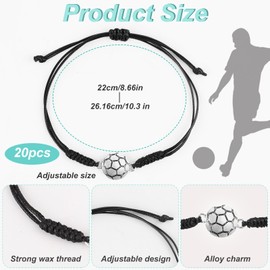 NQEUEPN 20pcs Soccer Bracelets, Braided Rope Soccer Charm Bracelets for Boys Girls, Adjustable Sport Bracelet Soccer Party Favors Unisex Jewelry for Sport Team Players Coaches