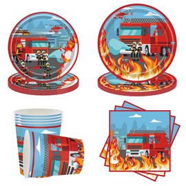 Dulousia Fire Fighter Party Supplies - Disposable Fire Truck Paper Plates Napkins Cups Tableware for Kids Boys Girls Fireman Birthday Party, Baby Shower, Father’s Day, Graduation Decorations 68ct