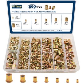 Vifmy Metric Rivet Nut Assortment Kit(890 Pcs), M3 M4 M5 M6 M8 M10 M12 Flat Head Rivnut Set, Zinc Plated Finish Carbon Steel Nutsert