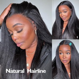 Cheetahbeauty Kinkystraight V Part Wig Human Hair with Elastic Drawstring 28 Inch No Leave Out Lace Front Wigs Upgrade Glueless U Part Wigs 180% Density Yaki Straight Half Wigs for Women Natural Color