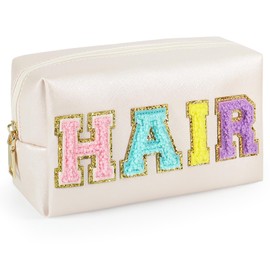 Title：besharppin Preppy Makeup Bag, Synthetic Leather Patch Cosmetic Bag with Hair Chenille Letter for Hair Care, Gift for Girlfriend or Wife, Present for Girls, Daughter, Sister and Mother (Cream)