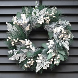 Winter Wreaths for Front Door 24 Inch Artificial Christmas Wreath Decorated with White Berries,Outdoor Winter Door Wreath Green Eucalyptus Wreath for Farmhouse Home Porch Wall Decor