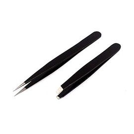 AAProTools Slant & Pointed Tweezers Set With Pouch, 2-Pack, Stainless Steel, Best For High Precision Daily Beauty Routines, Eyebrows, Ingrown Facial & Nose Hair, Splinters & Ticks (Black Coated) A+ Qu