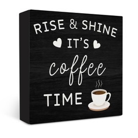 OVAcational Coffee Bar Accessories Wooden Box Sign,Rise & Shine It's Coffee Time Wooden Sign,Bar Sign Decor For Desk Shelf Tabletop Decoration 5x5 Inches