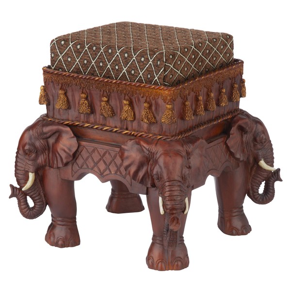 Design Toscano Maharajah Elephants Indian Decor Upholstered Footstool, 13 Inch, Woodtone