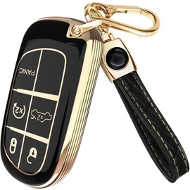 Lucrum for Dodge, Jeep, Chrysler Key Fob Cover and Leather Keychain, 5 Buttons Key Case for Dodge Ram, Charger, Dart, Durango, Journey - 2011-2025 Keyfob Cover for M3N-40821302 - Black and Gold