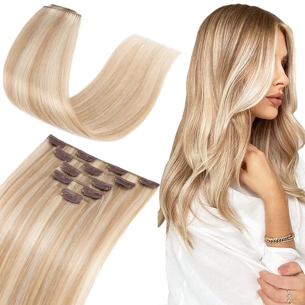 S-noilite Clip-In Real Hair Extensions #18/613 Light Ash Blonde / Light Blonde 100% Remy Real Hair 5 Wefts 12 Clips Hair Extensions Real Hair Remy Natural for Thin Hair 40 cm (60 g)