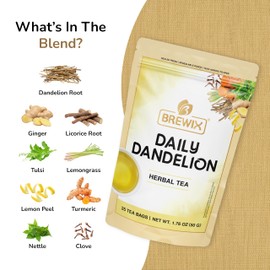 BREWIX, Daily Dandelion Root Tea Bags (25 Pyramid Tea Bags) Caffeine-Free Herbal Blend | Dandellion Root with Ginger, Licorice, Tulsi, Lemongrass, Turmeric | Direct from Source