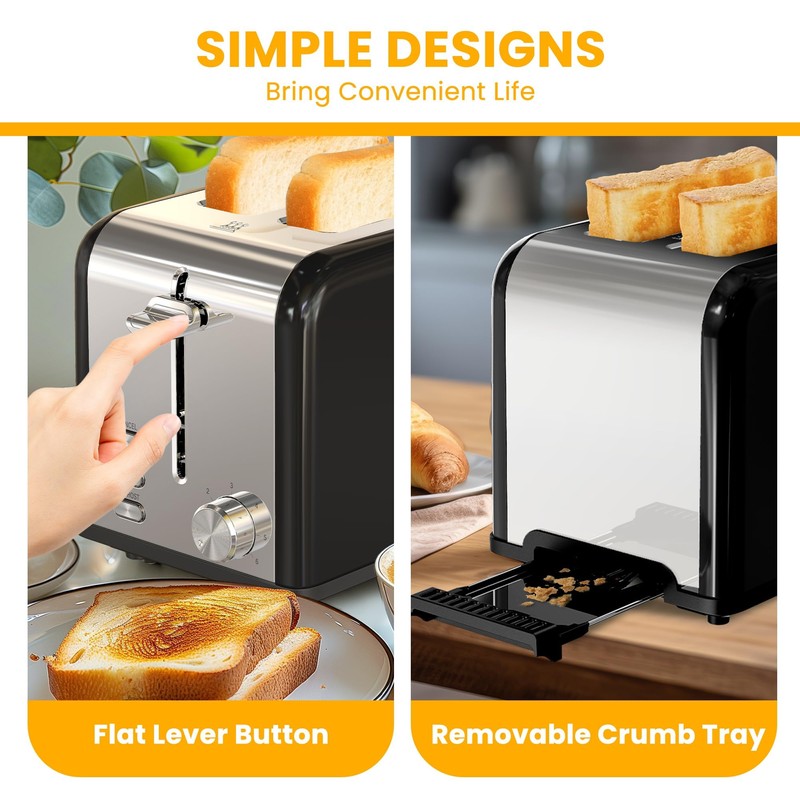 Simple Deluxe 2-Slice Toaster, Stainless Steel Toaster, 6 Browning Setting