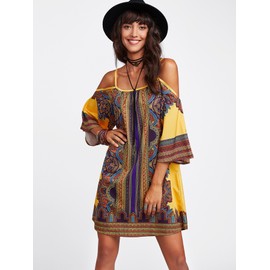 Milumia Women's Vintage Print Kimono Sleeve Geometric Tunic Boho Dress A Multicolored Medium