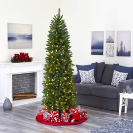 Nearly Natural 6.5ft. Slim Green Mountain Pine Artificial Christmas Tree with 300 Clear LED Lights