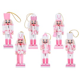 6 Pieces Christmas Wooden Nutcracker Soldier 12cm Pink Traditional Christmas Nutcracker Ornaments Wooden Nutcracker Figures Puppet Toy Hanging Ornaments for Christmas Tree Outdoor Table Gifts