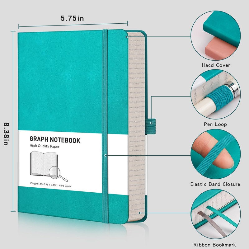 RETTACY Graph Paper Notebook A5 320 Pages Grid Notebook Thick