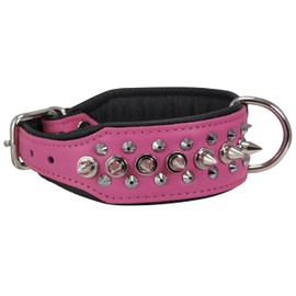 Dogs My Love Spiked Studded Genuine Leather Dog Collar 1.75" Wide (12-14.5" Neck; 1.75" Wide, Pink/Black)