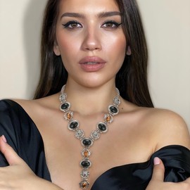 Ever Faith Vintage Style Retro Stone Y-Shaped Necklace for Women, Boho Ethnic Multi Color Beaded Statement Choker Collar Necklaces Bohemian Jewellery for Summer Holiday Black Anrique Silver-Tone