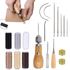Leather Sewing Set, Leather Craft Leather Sewing Set, Sewing Kit Basic Equipment Included Leather Sewing Awl Hand Leather Needles, 6 Rolls Leather Wax Thread, with 7 Needles, Brass Ring, Gripper, for