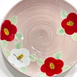 Hasamiyaki Dish, Serving Plate, Handpainted Yamashita Toien, Glazed Camellia, 6 inch Plate, Approx. 7.5 inches (19 cm)