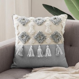 MOCOFO Cushion Cover Woven Tufted Tassel Cushion Sofa Cushion Bohemian Embroidery Cushion Cover Only Sofa Bedroom Car Living Room (Beige and Grey, 45 x 45 cm)