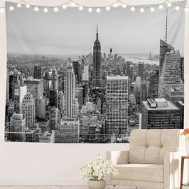 Batmerry Grey Modern New York Tapestry, Skyline Usa Wall Art Hanging Decoration Polyester Fiber White Ruffled Around for Dorm Room Bedroom Living Room, 39.1x59.1 inches