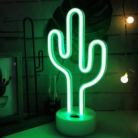 BAILEY Green Cactus Neon Lights - LED Cactus Neon Signs with Pedestal, Battery/USB Operation - Night Lights for Children's Room, Bedroom, Wedding