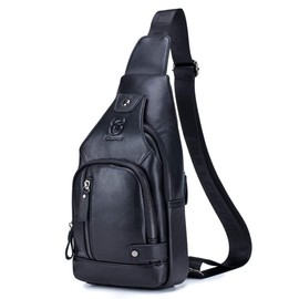 KPYWZER Genuine Leather Sling Backpack with USB Charging Port Chest Bag Outdoor Hiking Travel Daypack Black