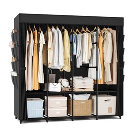 BrFoYu Portable Closet for Hanging Clothes, 67 Inch Wide Portable Wardrobe Closet with Cover, 4 Hanging Rod, Storage Shelves and Side Pockets, Large Free Standing Closet for Bedroom, Black