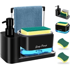 Dispensador de Jabon Cocina 4 en 1 con 2 Esponjas, Set Dispensador de Jabon con Soporte para Trapos y Esponjas, Dispensador Dual para Jabn Lquido y Lavatrastes para Fregadero, Cocina y Bao (Negro)