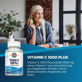 KAL Vitamin C 1000+ SR | 1000 mg | 100 Tablets | Vegan | Gluten Free | GMO Free | Laboratory Tested | Dietary Supplement with Vitamin C & Bioflavonoids | Cell Protection | Metabolic Processes