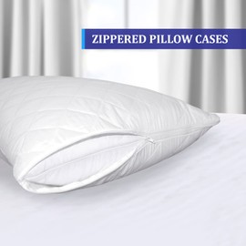 Eutony Pillow Protectors 2 Pack Quilted Zipped - Ultra Luxe Zipped Pillow Protectors, Quilted Pillow Protectors, Soft & Breathable Microfiber Pillowcase Protectors, Hypoallergenic 50 x 75cm - White